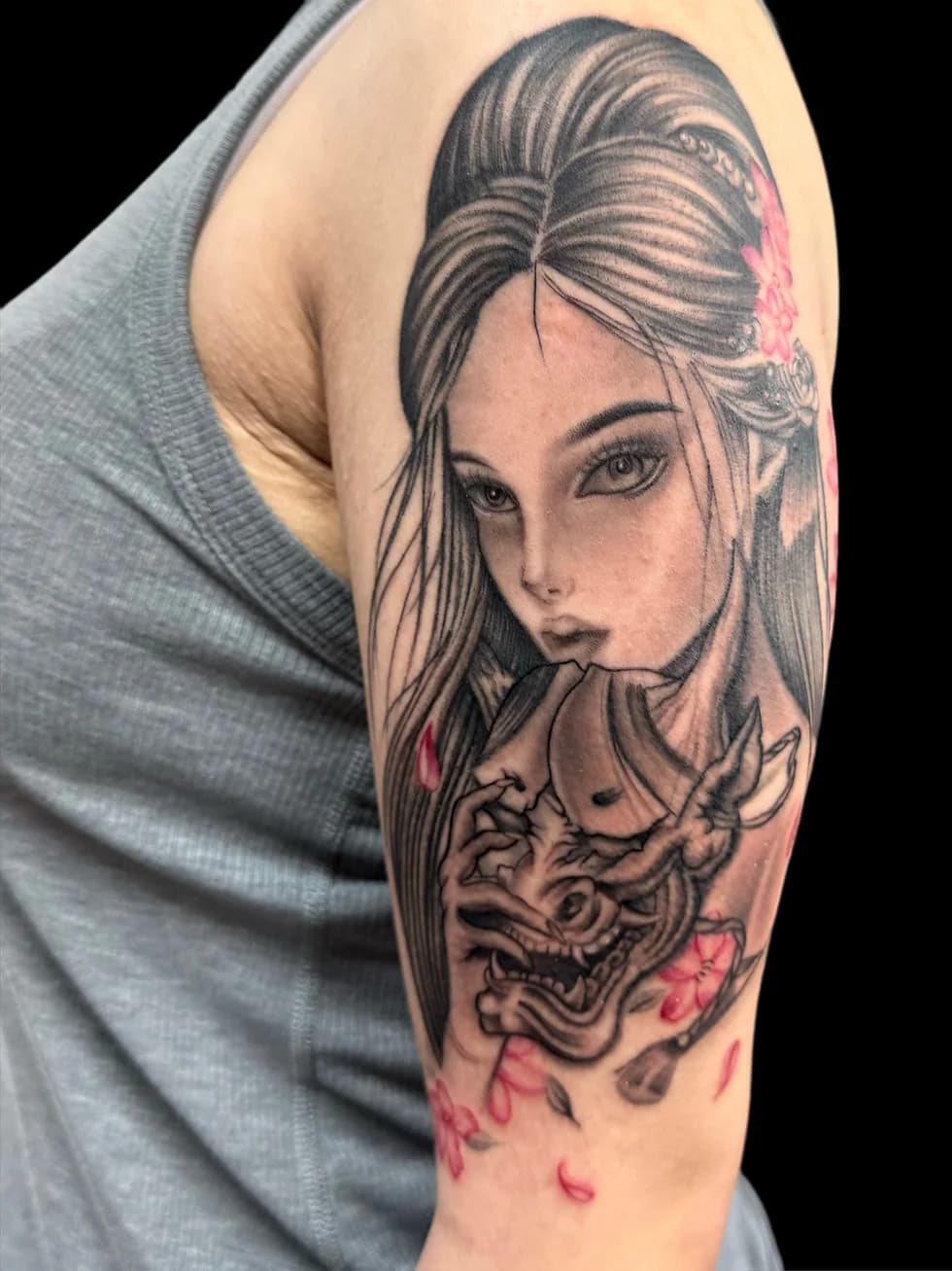 Female portrait and mask tattoo with color accents by HoaDang