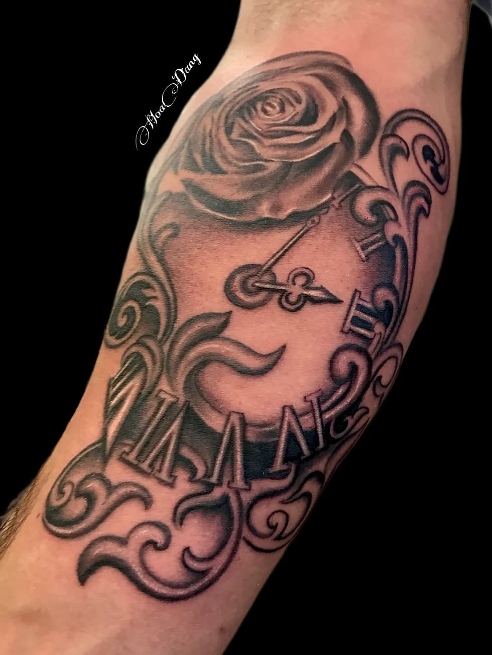Black and grey rose and clock tattoo by HoaDang