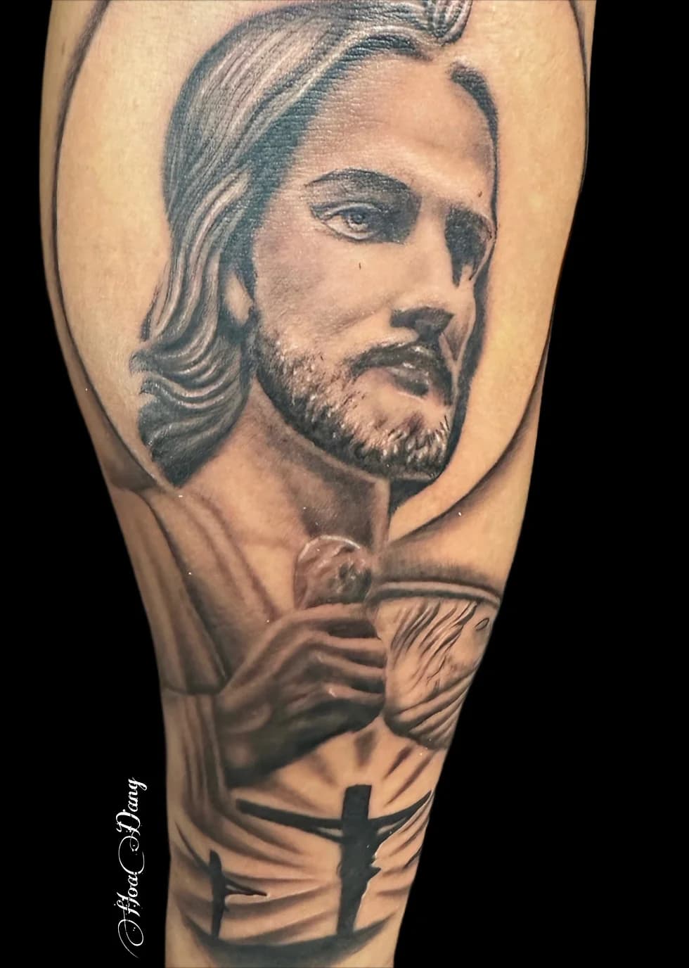 Black and grey religious realism tattoo detail by HoaDang